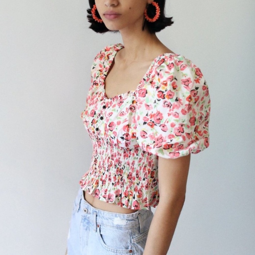 Zara Spring Pink Floral Puff Sleeve Crop Top Small